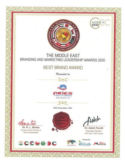 Aries Group Of Companies Awarded The BEST BRAND Title By Middle East Branding And Marketing Leadership Awards 2020